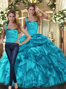 Vintage Teal Two Pieces Ruffles and Pick Ups Sweet 16 Quinceanera Dress Lace Up Organza Sleeveless Floor Length