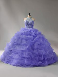 Lavender Ball Gowns Beading and Pick Ups Sweet 16 Quinceanera Dress Lace Up Organza Sleeveless