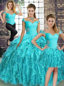 Aqua Blue Three Pieces Organza Off The Shoulder Sleeveless Beading and Ruffles Lace Up Quinceanera Gown Brush Train