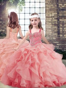 Tulle Straps Sleeveless Lace Up Beading and Ruffles Little Girls Pageant Dress Wholesale in Watermelon Red