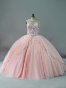Superior Peach Ball Gowns Scoop Sleeveless Tulle Lace Up Beading Quinceanera Gowns