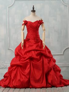 Extravagant Sleeveless Taffeta Court Train Lace Up Quince Ball Gowns in Red with Pick Ups and Hand Made Flower