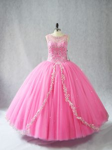 Enchanting Scoop Sleeveless 15th Birthday Dress Floor Length Beading and Appliques Rose Pink Tulle