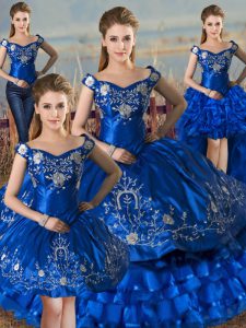 Excellent Royal Blue Sleeveless Embroidery and Ruffled Layers Floor Length Sweet 16 Dresses