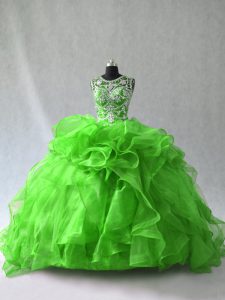 Custom Designed Organza Scoop Sleeveless Lace Up Beading and Ruffles Quinceanera Gown in