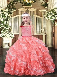 Floor Length Watermelon Red Kids Formal Wear Organza Sleeveless Lace and Ruffled Layers