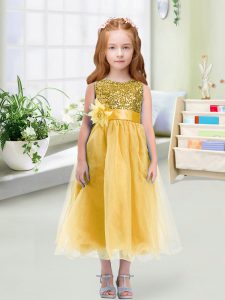 Fashion Gold Scoop Neckline Sequins and Hand Made Flower Pageant Dresses Sleeveless Zipper