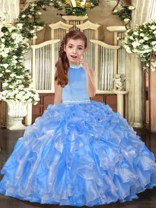 Perfect Baby Blue Pageant Dresses Party and Sweet 16 and Wedding Party with Beading and Ruffles Halter Top Sleeveless Backless