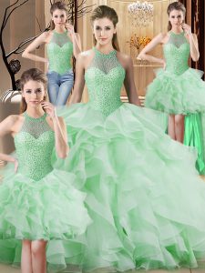 Dazzling Halter Top Sleeveless Quinceanera Gowns Brush Train Beading and Ruffles Apple Green Organza