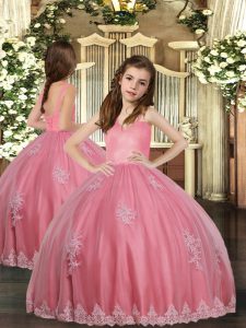 Floor Length Lace Up Girls Pageant Dresses Watermelon Red for Party and Sweet 16 and Wedding Party with Appliques