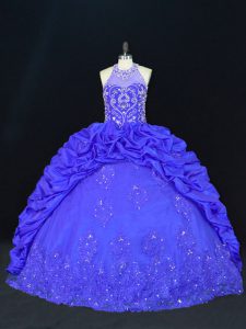 Sleeveless Floor Length Beading and Appliques and Embroidery and Pick Ups Lace Up Sweet 16 Quinceanera Dress with Royal Blue