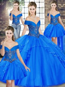 Glorious Off The Shoulder Sleeveless Lace Up Quinceanera Dress Royal Blue Tulle