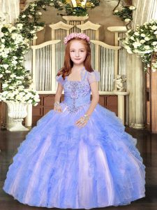 Beading and Ruffles Child Pageant Dress Blue And White Lace Up Sleeveless Floor Length
