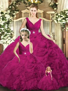 V-neck Sleeveless Backless Quinceanera Gowns Fuchsia Fabric With Rolling Flowers