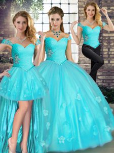 Aqua Blue Sleeveless Beading and Appliques Floor Length Sweet 16 Dresses