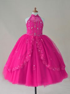 Adorable Fuchsia Ball Gowns Beading and Appliques Child Pageant Dress Lace Up Tulle Sleeveless Floor Length
