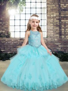 Tulle Scoop Sleeveless Lace Up Beading and Lace and Appliques Kids Formal Wear in Aqua Blue