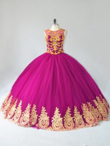 Gorgeous Fuchsia Tulle Lace Up Scoop Sleeveless Floor Length Sweet 16 Dresses Beading and Appliques