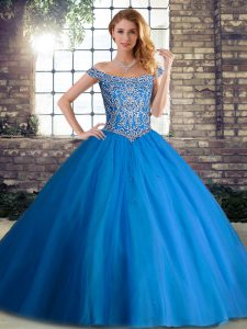 Eye-catching Off The Shoulder Sleeveless Brush Train Lace Up Quinceanera Gown Blue Tulle