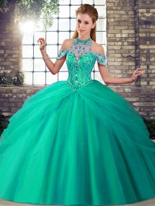 On Sale Turquoise Tulle Lace Up Quinceanera Dress Sleeveless Brush Train Beading and Pick Ups
