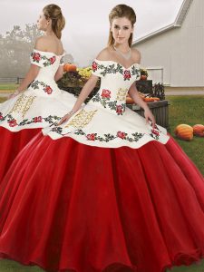 Shining White And Red Ball Gowns Organza Off The Shoulder Sleeveless Embroidery Floor Length Lace Up 15th Birthday Dress