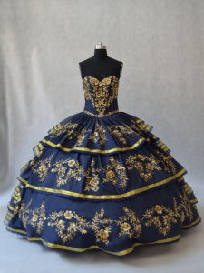 Navy Blue Sleeveless Embroidery and Ruffled Layers Floor Length Sweet 16 Quinceanera Dress