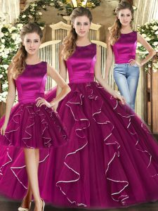 Fuchsia Sleeveless Floor Length Ruffles Lace Up Vestidos de Quinceanera