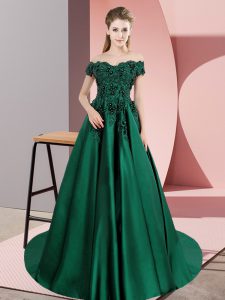 Green Satin Zipper Quinceanera Gown Sleeveless Court Train Lace