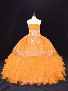 Glorious Gold Ball Gowns Strapless Sleeveless Organza Floor Length Lace Up Embroidery and Ruffles Quinceanera Gown