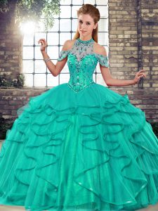 Custom Fit Floor Length Turquoise Sweet 16 Dresses Halter Top Sleeveless Lace Up