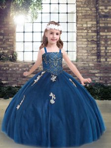 Blue Tulle Lace Up Straps Sleeveless Floor Length Little Girls Pageant Gowns Appliques