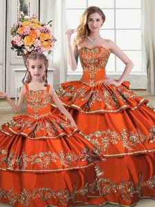 Attractive Floor Length Orange Vestidos de Quinceanera Satin and Organza Sleeveless Embroidery and Ruffled Layers