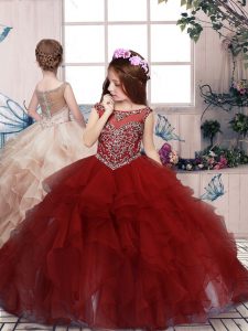 Red Organza Lace Up Scoop Sleeveless Floor Length Little Girls Pageant Dress Wholesale Beading and Ruffles