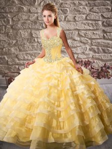 Shining Straps Sleeveless Sweet 16 Quinceanera Dress Court Train Beading and Ruffled Layers Gold Organza