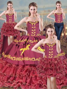 Burgundy 15th Birthday Dress Sweet 16 and Quinceanera with Embroidery Sweetheart Sleeveless Brush Train Lace Up
