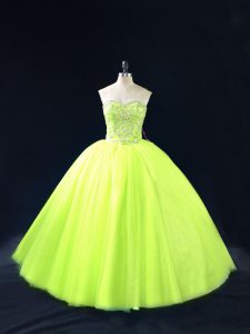 Chic Yellow Green Ball Gowns Beading Quinceanera Gowns Lace Up Tulle Sleeveless Floor Length