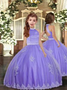 Lavender Sleeveless Floor Length Appliques Backless Pageant Dress for Girls