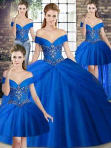 Best Selling Royal Blue Vestidos de Quinceanera Tulle Brush Train Sleeveless Beading and Pick Ups