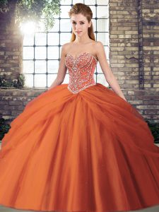 Orange Red Quince Ball Gowns Tulle Brush Train Sleeveless Beading and Pick Ups