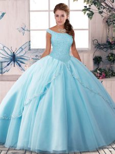 Graceful Light Blue Ball Gowns Beading Quinceanera Gowns Lace Up Tulle Sleeveless