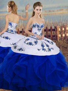 Extravagant Floor Length Lace Up 15th Birthday Dress Royal Blue for Military Ball and Sweet 16 and Quinceanera with Embroidery and Ruffles and Bowknot