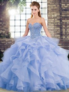 High End Tulle Sleeveless Vestidos de Quinceanera Brush Train and Beading and Ruffles