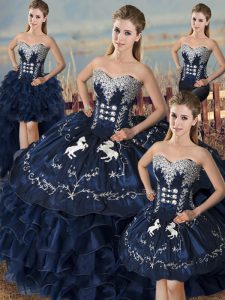 Attractive Embroidery and Ruffles Quinceanera Gown Navy Blue Lace Up Sleeveless Floor Length