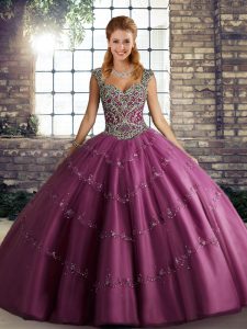 Noble Beading and Appliques Ball Gown Prom Dress Fuchsia Lace Up Sleeveless Floor Length