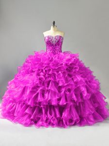 Floor Length Lace Up Quince Ball Gowns Purple for Sweet 16 and Quinceanera with Beading and Ruffles and Sequins