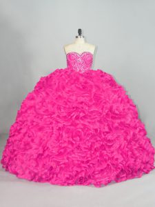 Luxurious Hot Pink Organza Lace Up Sweet 16 Dresses Sleeveless Brush Train Beading and Ruffles