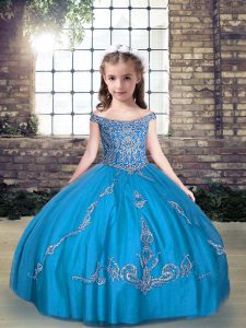 Most Popular Ball Gowns Child Pageant Dress Aqua Blue Off The Shoulder Tulle Sleeveless Floor Length Lace Up