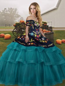 Vintage Off The Shoulder Sleeveless Brush Train Lace Up Quinceanera Gowns Teal Tulle