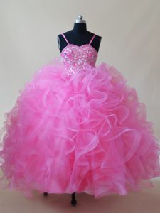 Fitting Spaghetti Straps Sleeveless Tulle Little Girls Pageant Dress Wholesale Beading and Ruffles Lace Up