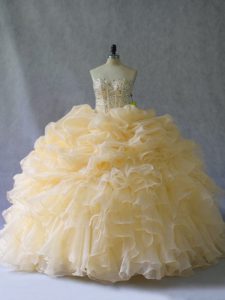 Enchanting Gold Sleeveless Beading and Ruffles and Pick Ups Floor Length 15th Birthday Dress